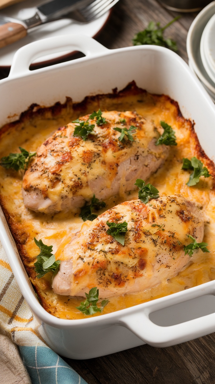 Ritzy Keto Chicken Bake with creamy sauce and parsley garnish in a baking dish.